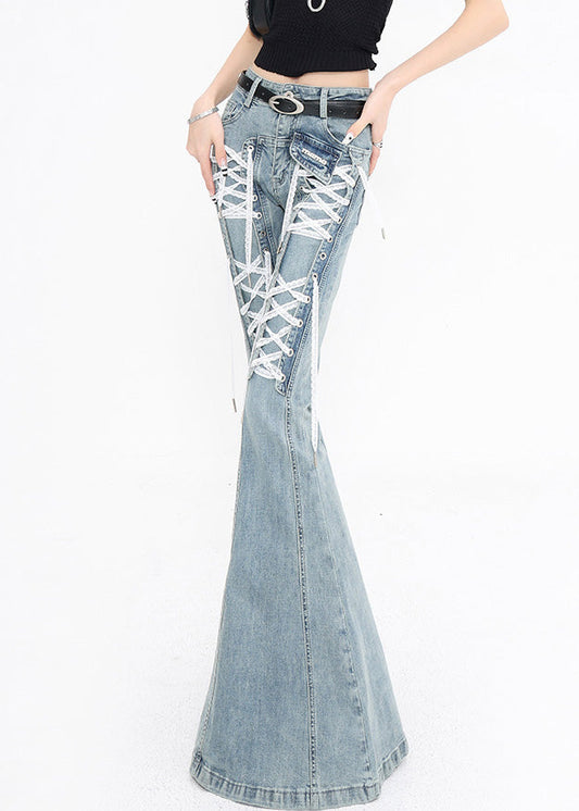 Original Design Blue Lace Up High Waist Denim Flared Trousers Fall