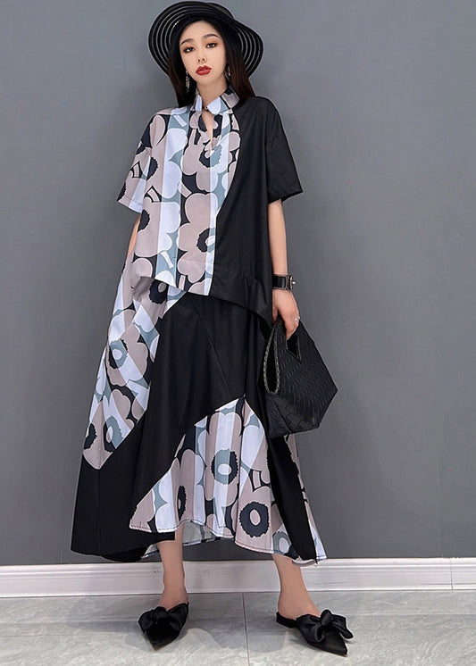 Khaki Stand Collar Asymmetrical Design Holiday Dress Short Sleeve