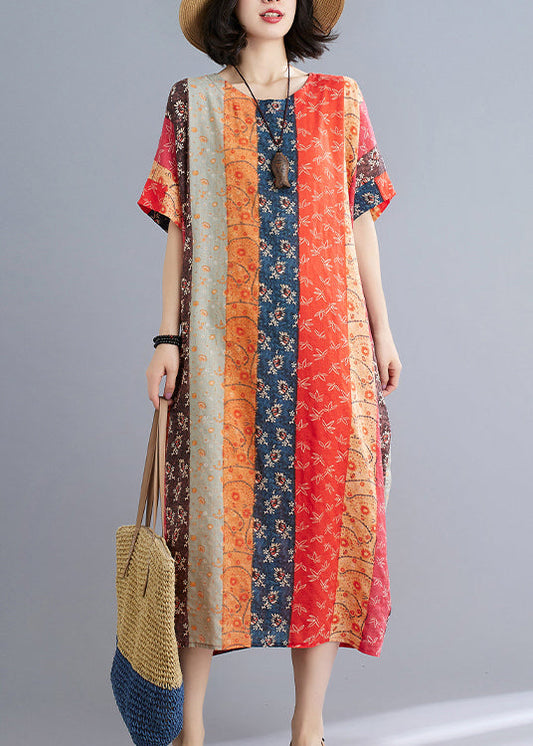 Loose Chocolate Orange O-neck Print Beach Dresses Short Sleeve