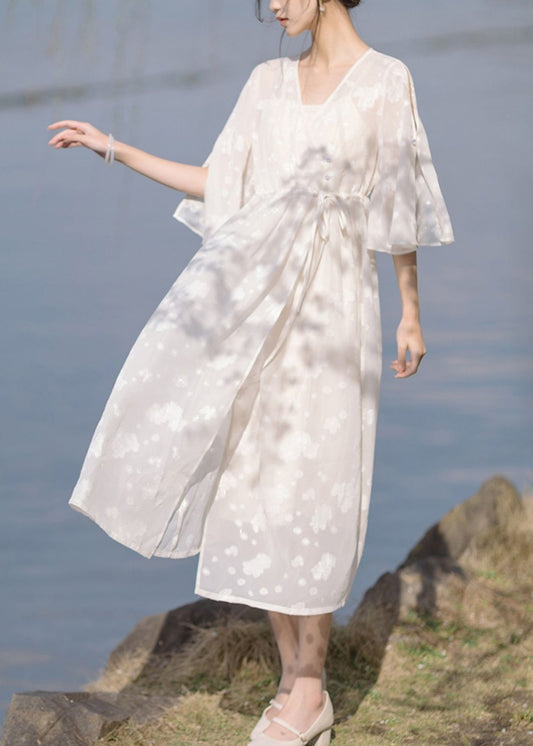New White V Neck Lace Up Chiffon Two Pieces Set Half Sleeve