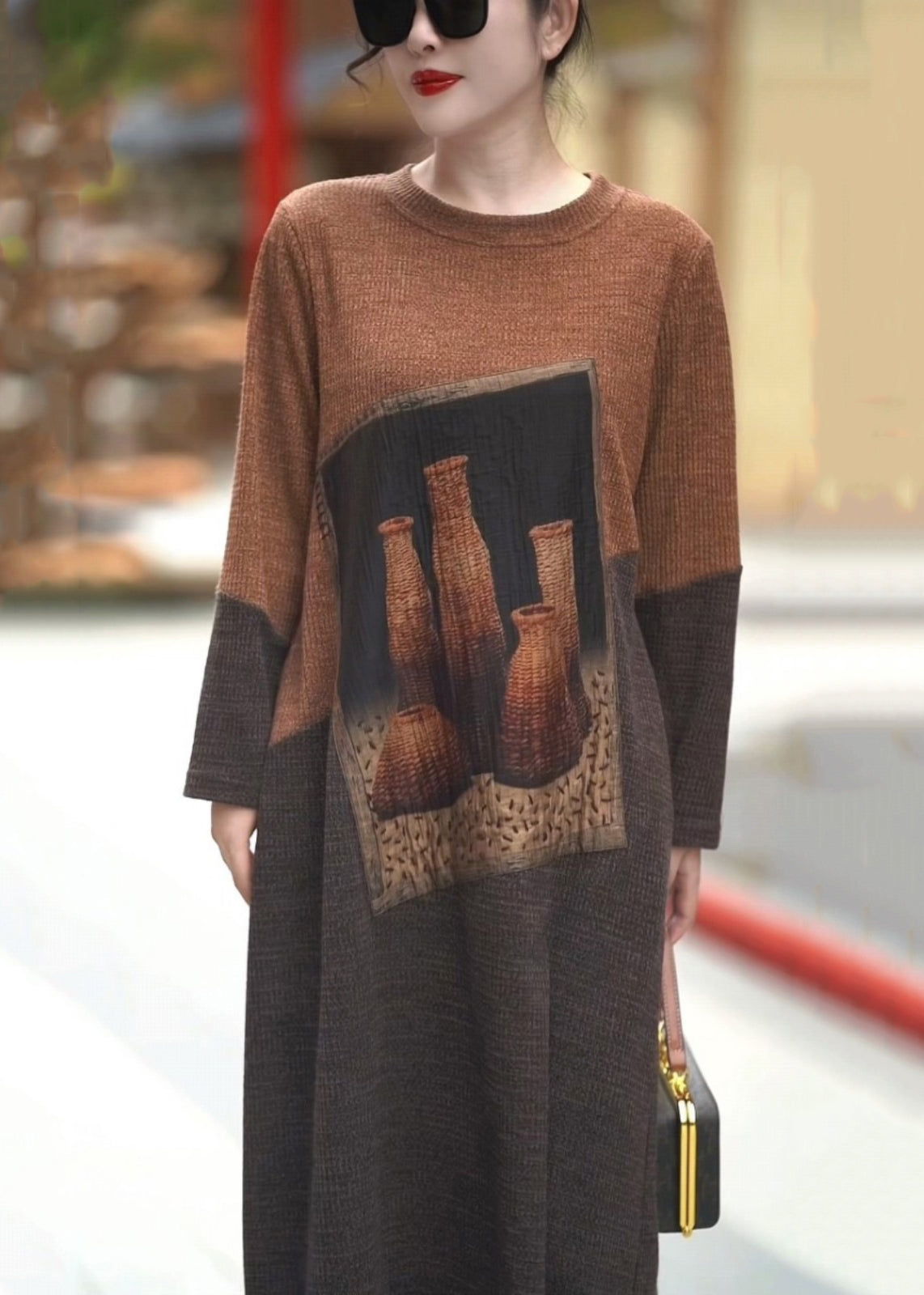 Colorblock O Neck Cozy Knit Long Dress Winter