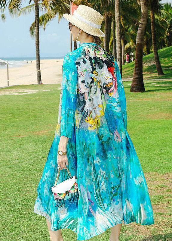Blue O-neck Tasseled Print Silk Two Piece Set Outfits Summer
