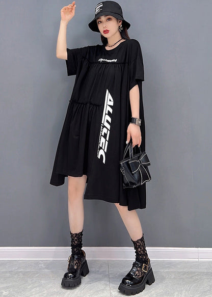Black Asymmetrical Wrinkled Letter Print Cotton Dresses Short Sleeve