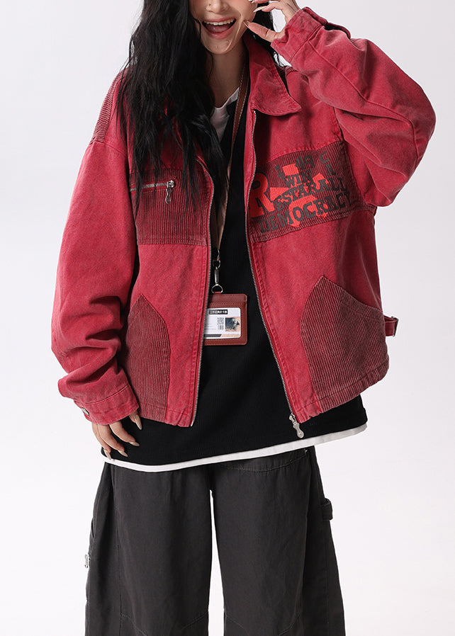 Red Peter Pan Collar Pockets Patchwork Cotton Coats Spring