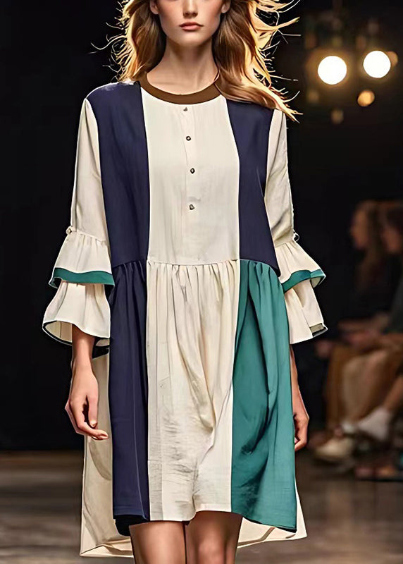 Art White O-neck Patchwork Linen Dress Flare Sleeve