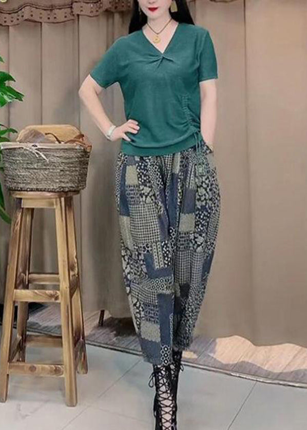 Simple V Neck Drawstring Cotton Tank Tops and Harem Pants Two Pieces Set Summer