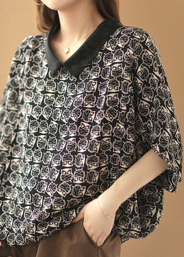Boutique Black Peter Pan Collar Organza Patchwork Owl Print Chiffon Top Short Sleeve
