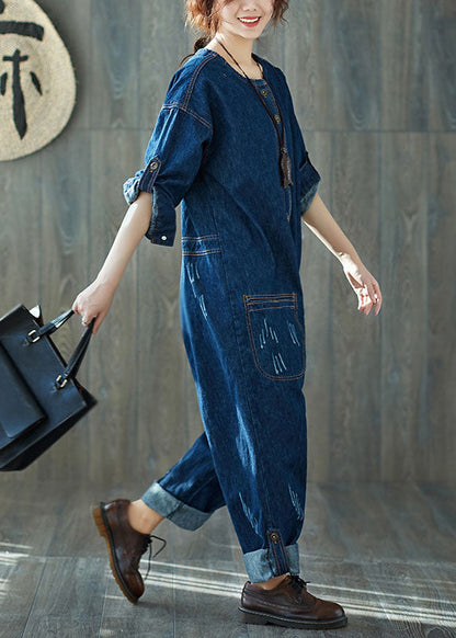 Dark Blue O-neck Pockets Denim Jumpsuits Spring