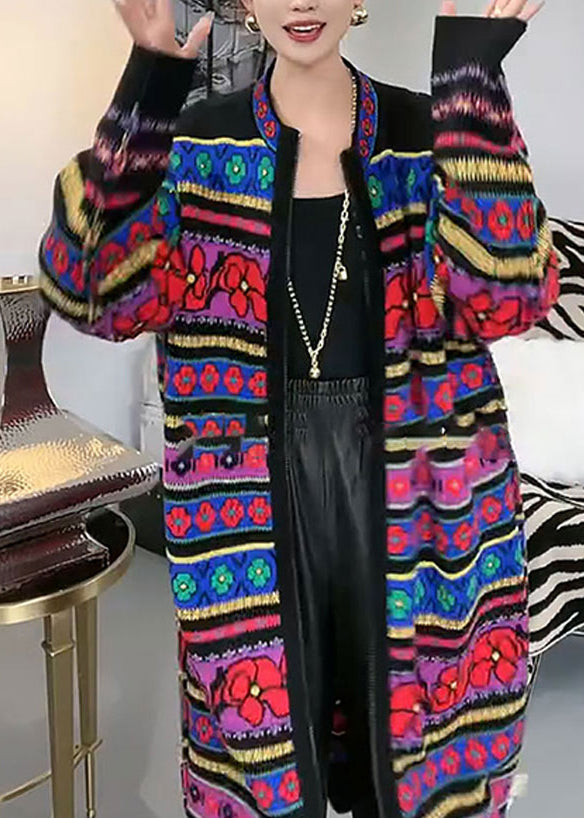 New Rainbow O-neck Zip Up Patchwork Knit Cardigans Fall