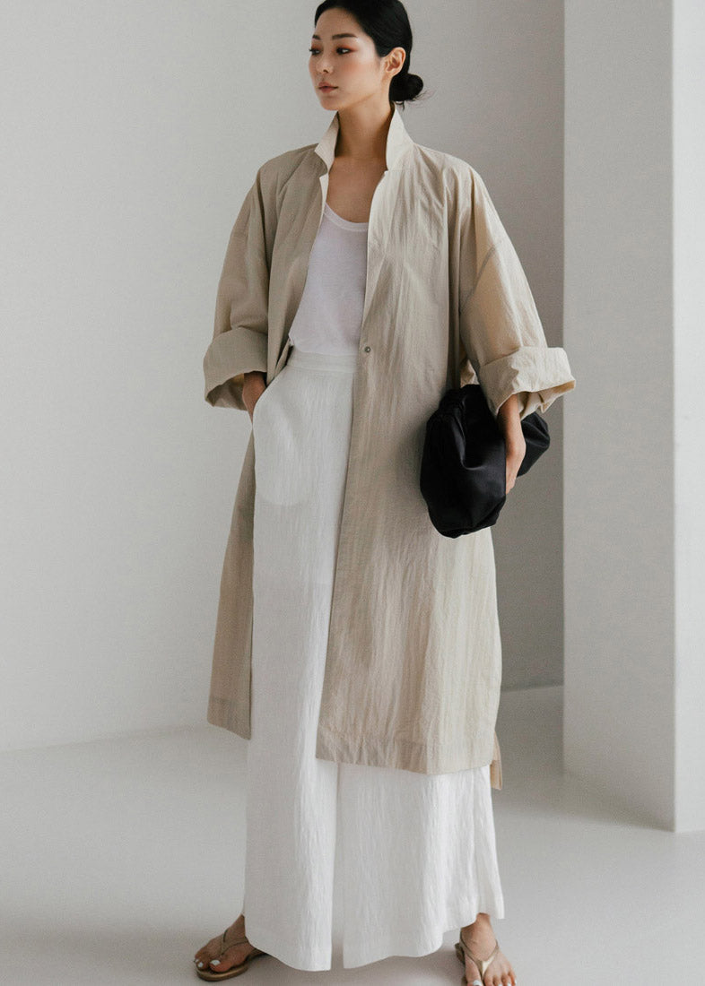 Beige Peter Pan Collar Button Wrinkled Side Open Trench Coats Long Sleeve