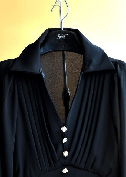 Black Peter Pan Collar Patchwork Wrinkled Chiffon Shirt Tops Long Sleeve