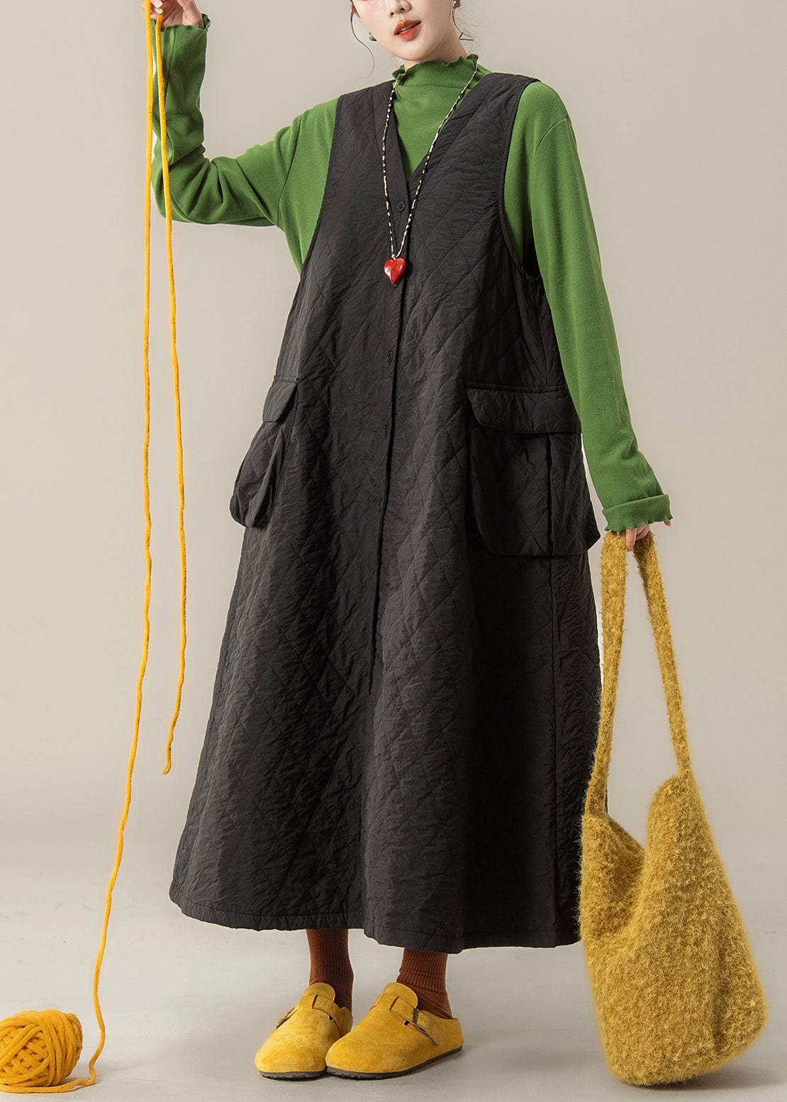 French Black V Neck Button Pockets Fine Cotton Filled Vest Dress Winter