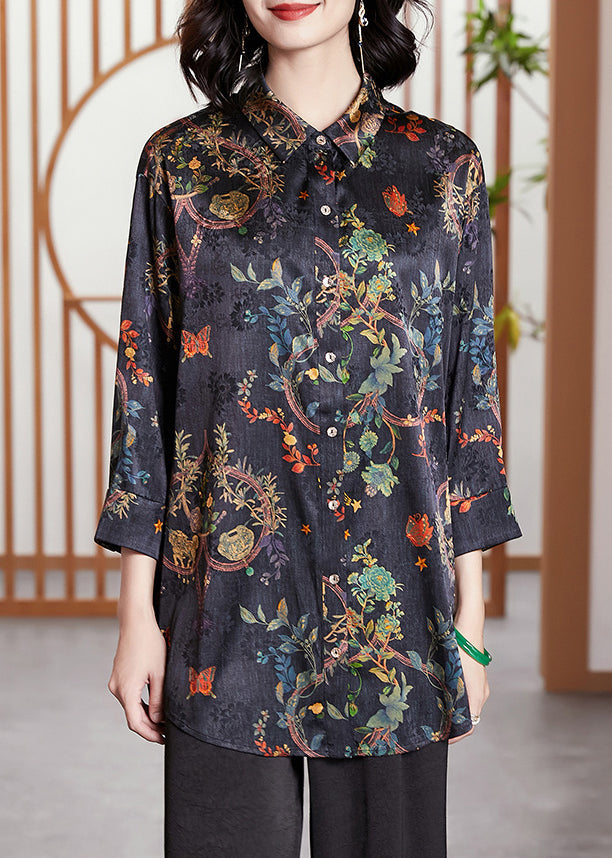 Navy Print Button Patchwork Silk Shirt Tops Fall