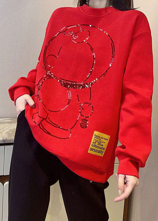 Style Red O-neck Print Loose Fall Pullover Street Wear