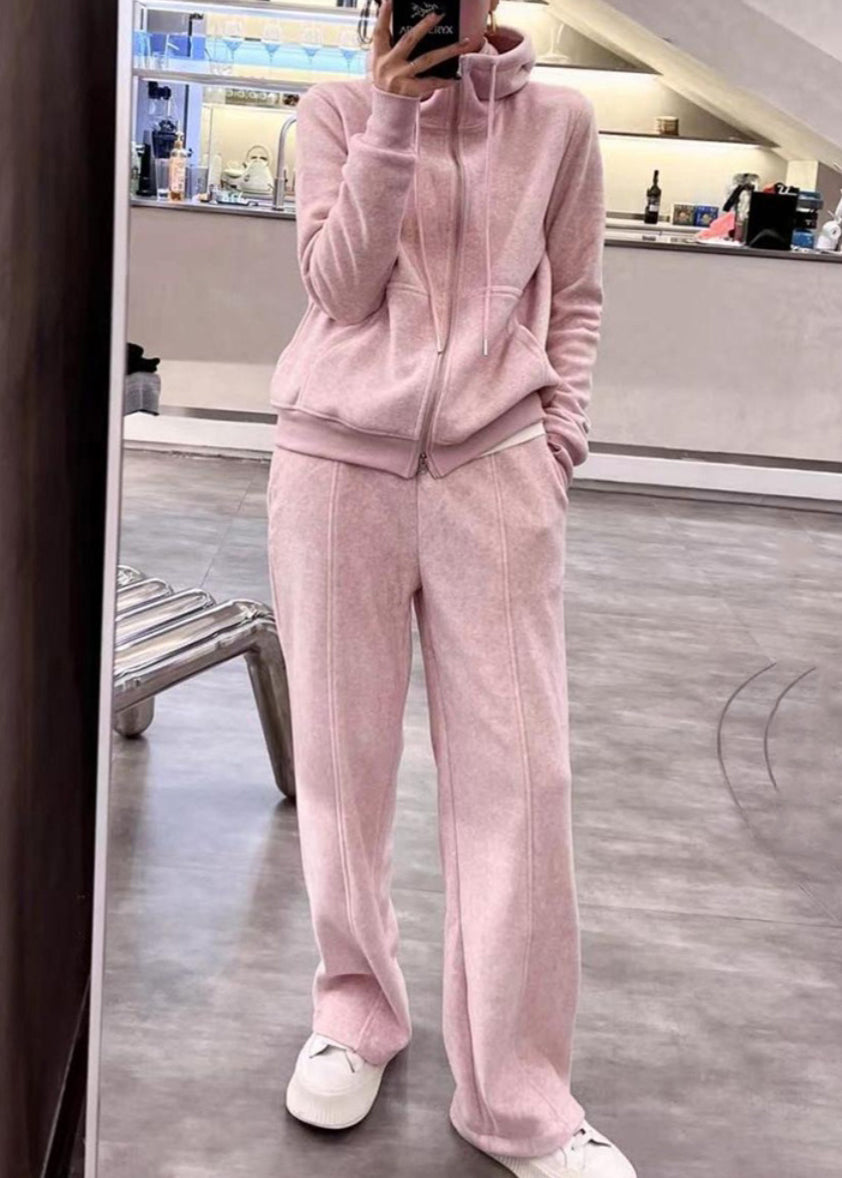 Grey Hooded Coats and Straight Pants Two Pieces Set Long Sleeve