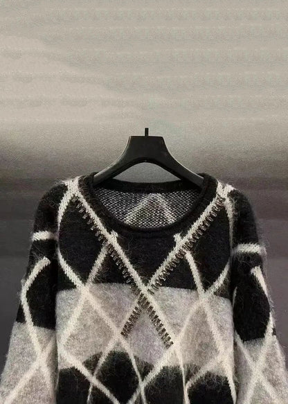 Black Plaid Sequined Patchwork Cotton Knit Sweaters Long Sleeve