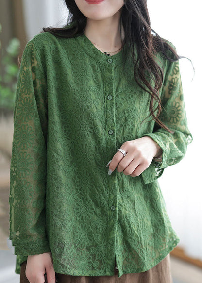 Green Lace Tops Asymmetrical Embroideried O-neck Spring