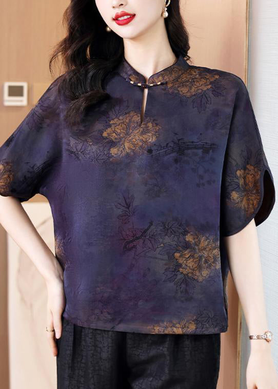 Coffee Stand Collar Print Silk Shirt Tops Summer