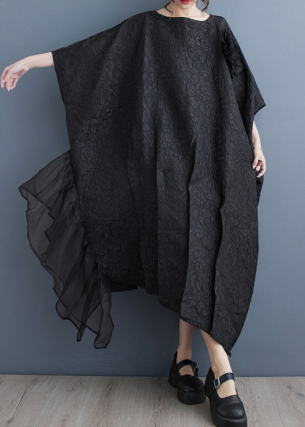 Black O-neck Patchwork Cotton Long Dresses Batwing Sleeve