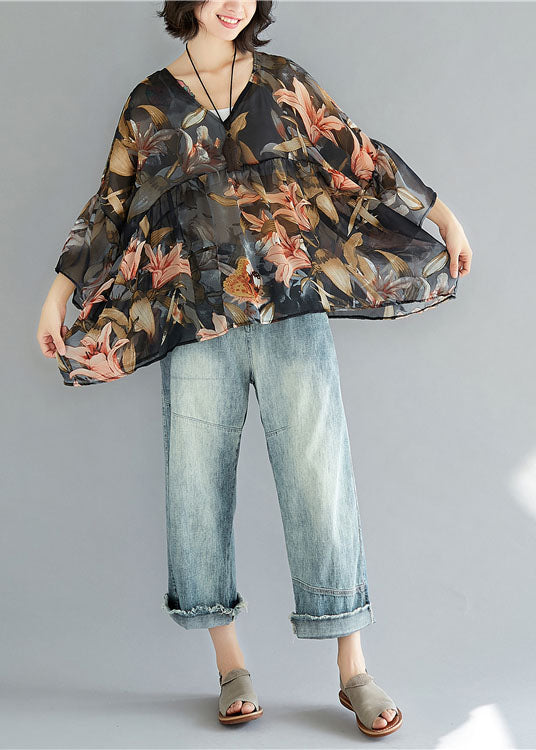 Simple Black V Neck Print Patchwork Asymmetrical Design Fall Shirt Half Sleeve