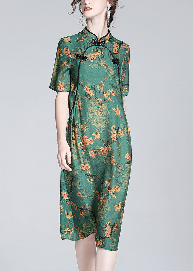 Green Stand Collar Print Button Silk Maxi Dress Short Sleeve
