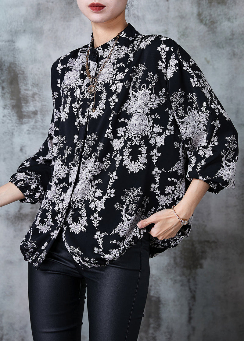 Black Stand Collar Print Chiffon Shirts Summer