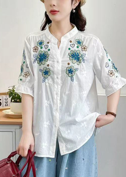 White Stand Collar Embroidered Cotton Tops Summer