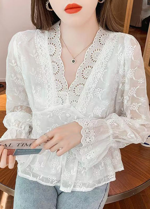 White Embroidered Hollow Out Cotton Blouses Spring