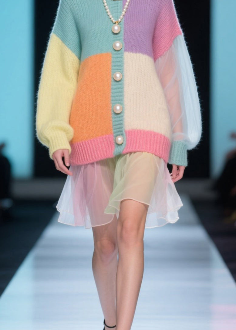 Colorblock O Neck Tulle Patchwork Knit Dress Fall