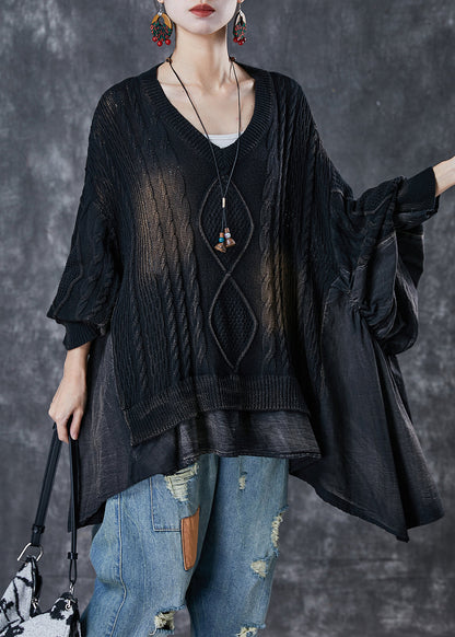 Black Asymmetrical Oversized Patchwork Knit Tops Spring