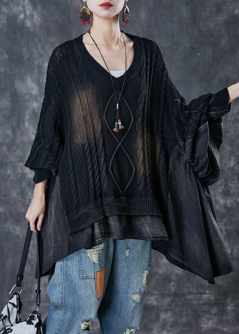 Black Asymmetrical Oversized Patchwork Knit Tops Spring