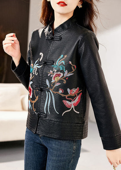 Classy Black Stand Collar Embroideried Faux Leather Coats Long Sleeve