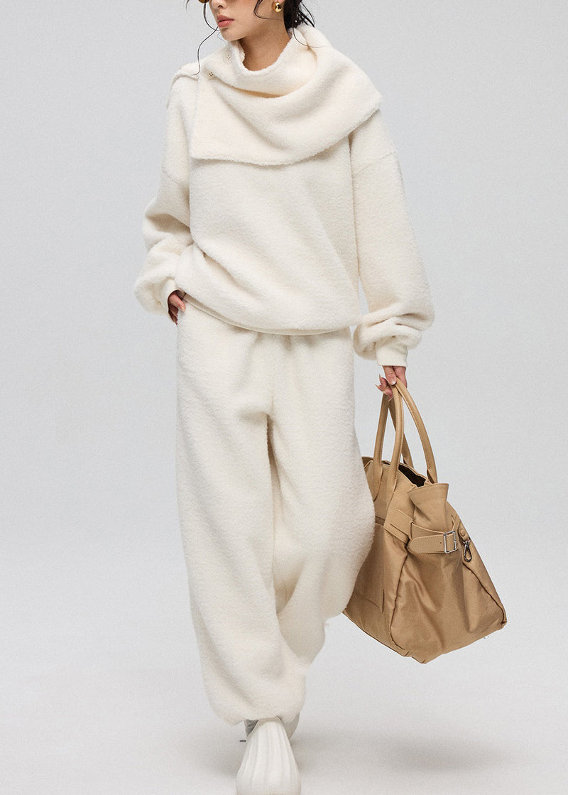 Loose White O-neck Button Teddy Faux Fur Three Pieces Set Winter