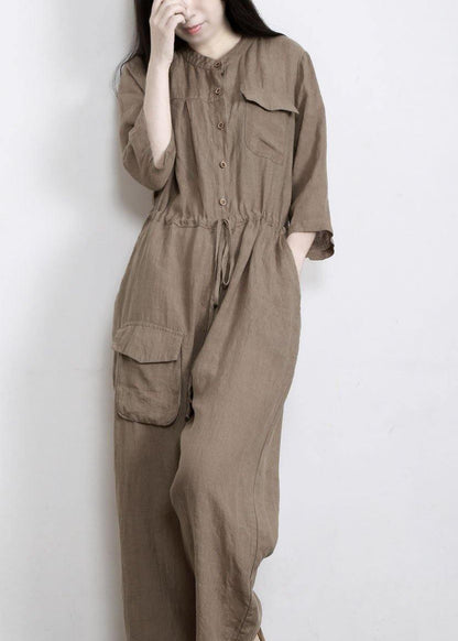 Gray Drawstring Outfits Rompers Linen
