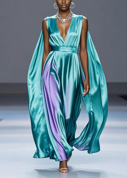 Green V Neck Tie Dye Silk Party Dress Summer