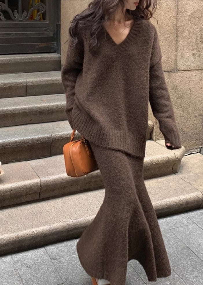 Brown Cozy Cotton Knit Sweaters and Maxi Skirts Two Pieces Set Winter