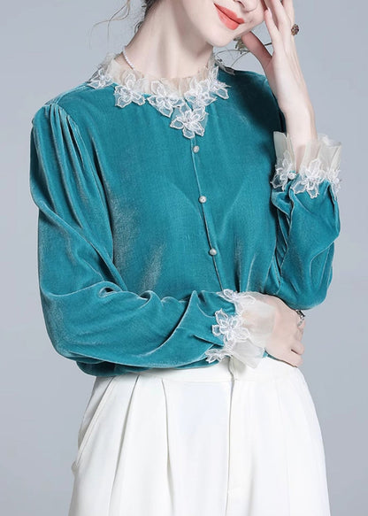 Blue Button Patchwork Silk Velour Top Winter