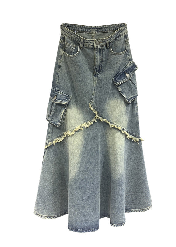 Light Blue Tasseled Pockets Patchwork Denim Skirt Spring