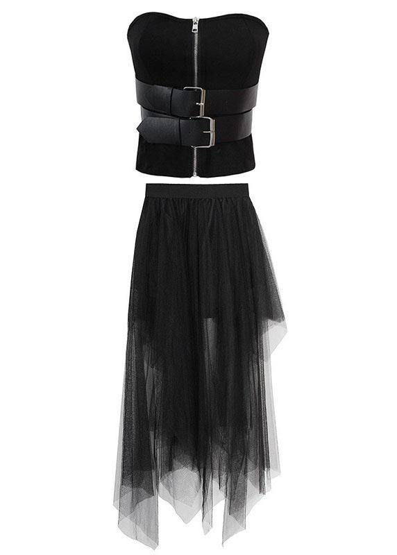 Black Breast Wrapping + Tulle Asymmetrical Design Skirt Two Piece Set