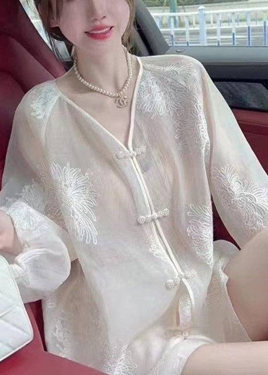 Vogue White Embroideried Button Chiffon Upf 50+ Shirt Fall