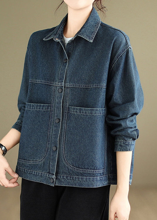 Blue Peter Pan Collar Pockets Warm Fleece Denim Coat Spring