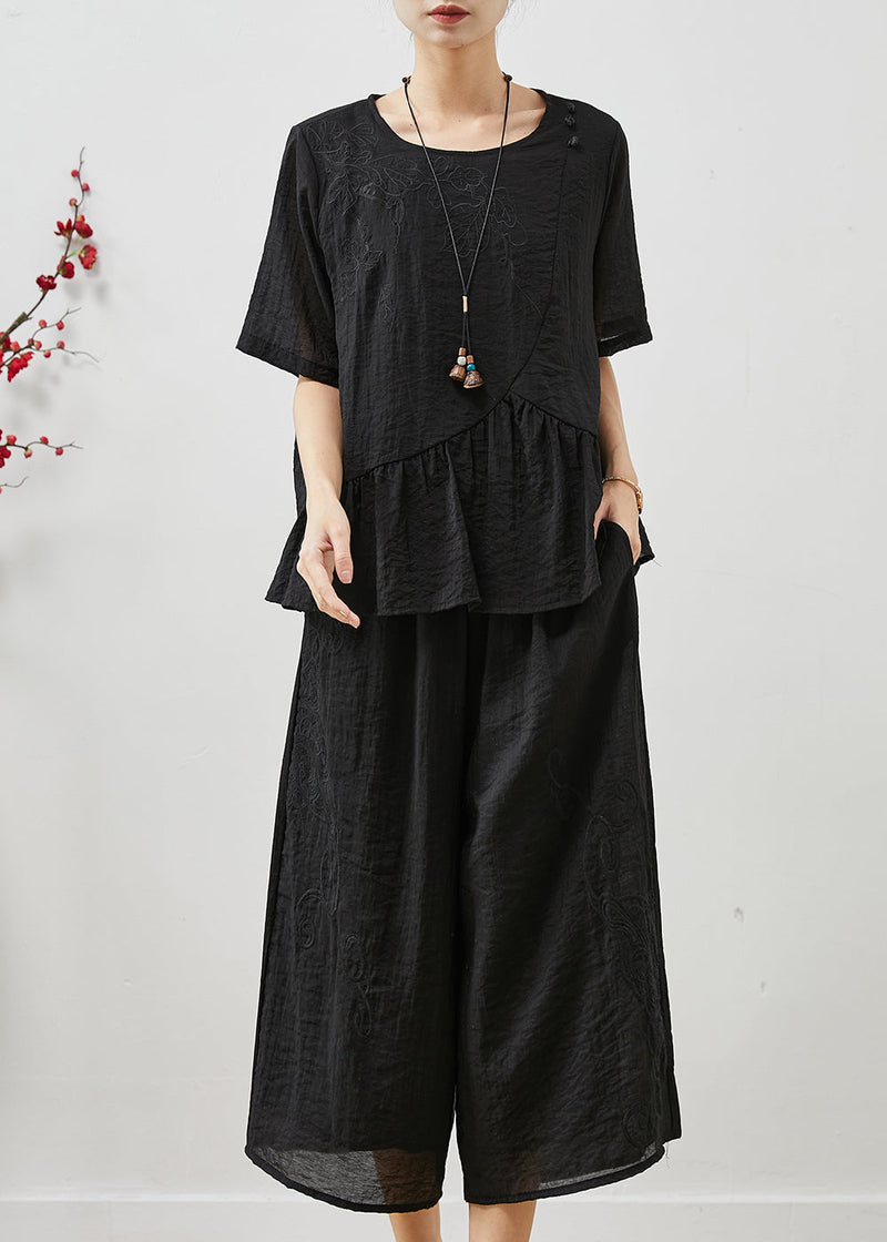 Black Embroidered Patchwork Linen Two Pieces Set Summer