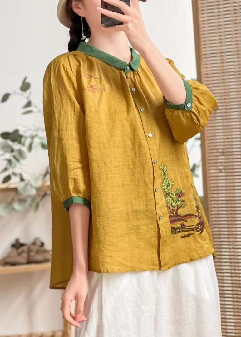 Yellow Embroideried Patchwork Linen Shirt Tops Summer