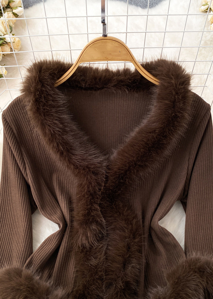 Brown Fur Collar Patchwork Cotton Knit Sweater Flare Sleeve
