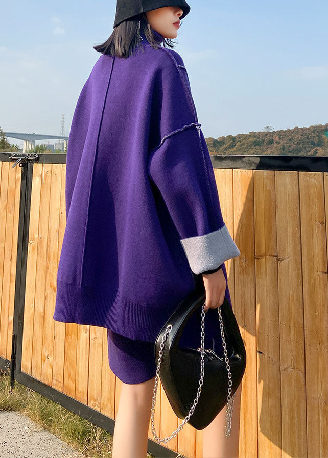 Unique Purple Asymmetrical Design Patchwork Knit Fall Two Pieces Set
