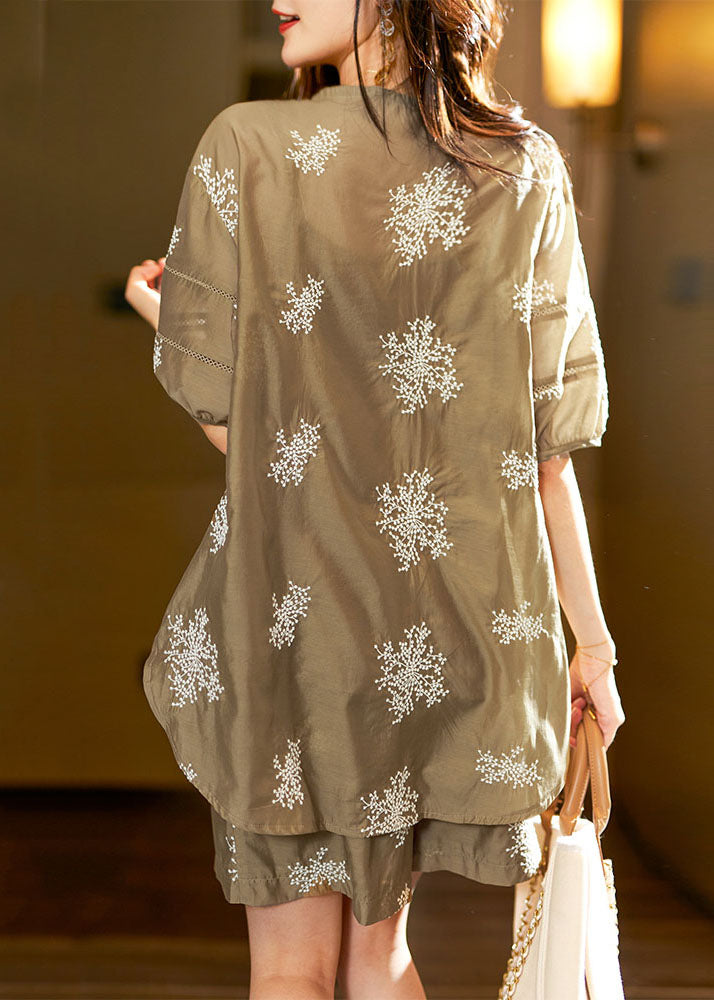 Unique Khaki V Neck Embroideried Chiffon Top and Shorts Two Pieces Set Summer