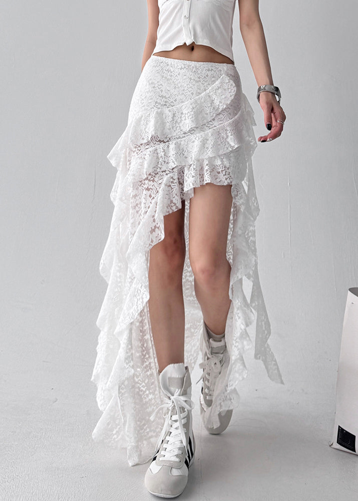 White Ruffled Lace Summer Skirt Asymmetrical