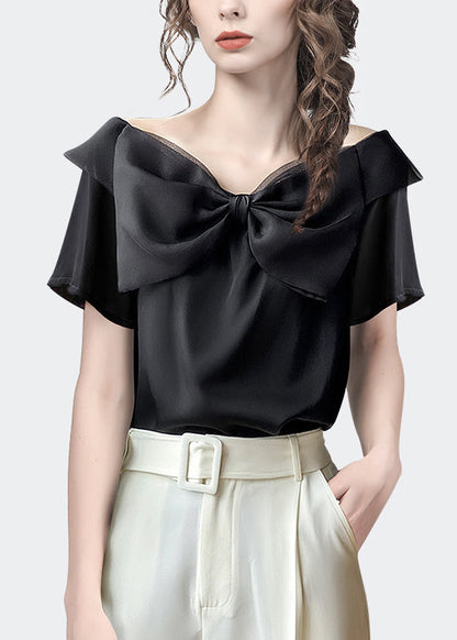 Fashionable Camel Short Sleeved Bow Neckline Shirt Top