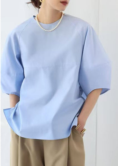 Blue O-neck Puff Sleeve Cotton Tops