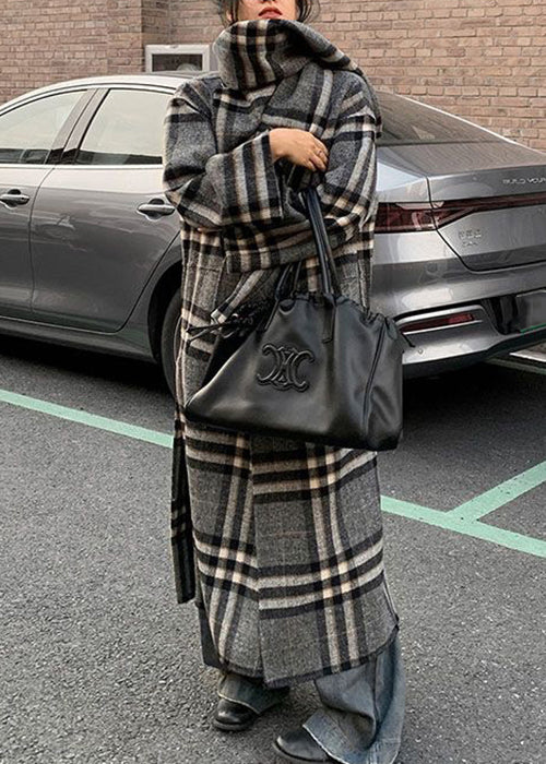 Loose Grey Plaid Patchwork Scarf and Coat Two Pieces Set Long Sleeve